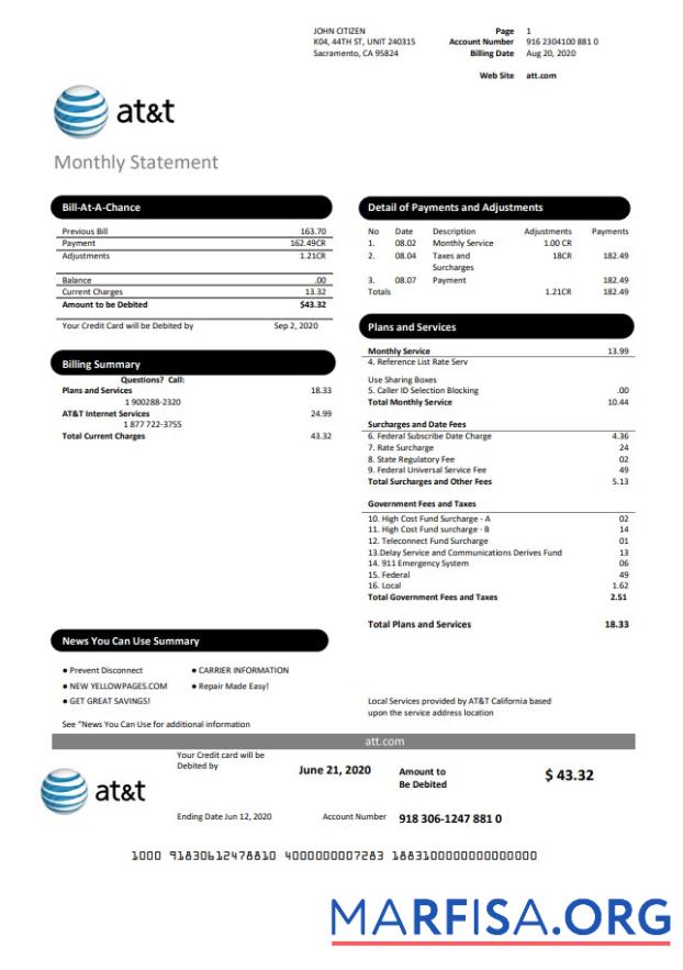 Realistic USA Texas AT&T easy to fill utility bill template in Word and PDF format